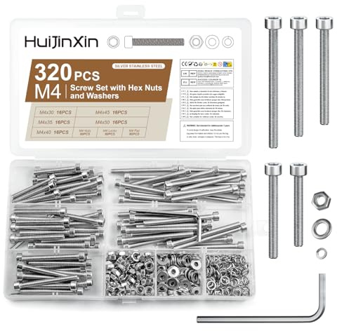 Juego de 320 tornillos M4, tornillos hexagonales con hexágono interior, tornillos cilíndricos con tuercas y arandelas, juego de tornillos de acero inoxidable