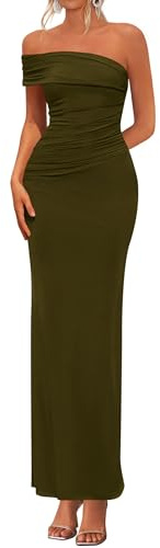 PRETTYGARDEN Women's 2026 Wedding Guest Cocktail Dresses One Off the Shoulder Ruched Bodycon Formal Maxi Party Summer Outfits (Army Green,Large)