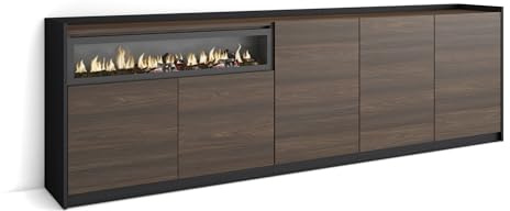 Skraut Home | Aparadores para salón | Gran Capacidad de almacenaje | 260x80x37 cm | 5 Puertas | Chimenea eléctrica | Estilo Moderno | Roble Oscuro y Negro