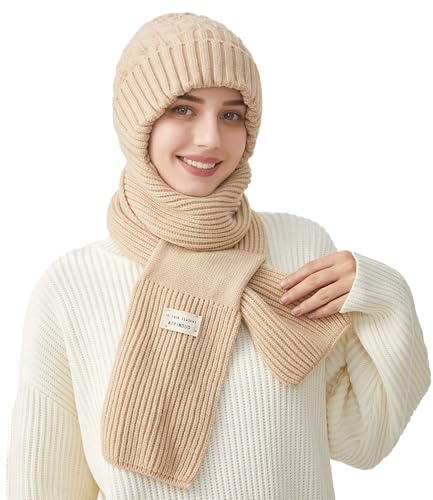 TAGVO Cappello e Sciarpa Invernali in Maglia Morbida da Donna, Beanie Cappello Termico da Donna Antivento con Elasticizzato Sciarpa Lunga, Berretto Scaldacollo per Sci, Ciclismo, Escursionismo