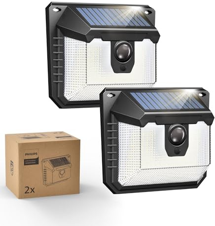 Philips Outdoor Solar Lights with Motion Sensor, 120 LED Solar Security Wall Lights, 3 Lighting Modes, Waterproof Outdoor Lamp for Yard, Fence, Garden & Garage, 2 Pack