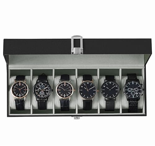 SONGMICS Watch Box, 6-Slot Watch Case Organizer with Large Glass Lid, Removable Pillows, Gift for Loved Ones, Black Synthetic Leather, Greenish Gray Lining UJWB06BK