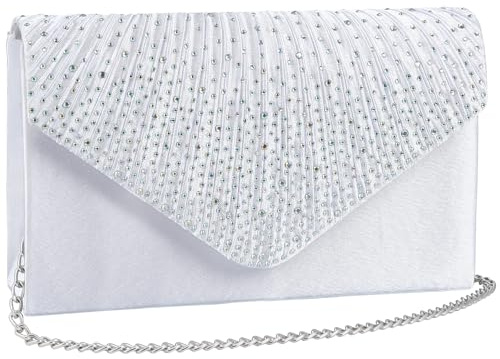 wocharm Womens Ladies Satin Diamante Clutch Bag Envelope Handbag Evening Bridal Bag Wedding Fashion Prom Vintage Shoulder Bags(White)
