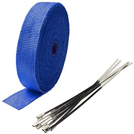 ETOPARS 2.5CM X 15M Fiberglas Blau Hitzeschutzband Auspuffband Auspuff Hitze Wickel Schild Hülle Auto Motorrad Krümmerband mit 6 Pcs Kabelbinder