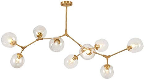 E27 3-Lichter Nordic Glass Bubble Ball Kronleuchter Beleuchtung,Sputnik Industrial Kronleuchter,Einstellbare Metall Arm Esszimmer Pendelleuchte-Klarer Lampenschirm 9 Kopf Gold