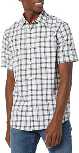 Amazon Essentials Camicia a Maniche Corte in Popeline Elasticizzato (Disponibile in Taglie Extra Forti) Uomo, Blu Marino Bianco Motivo Scozzese, L