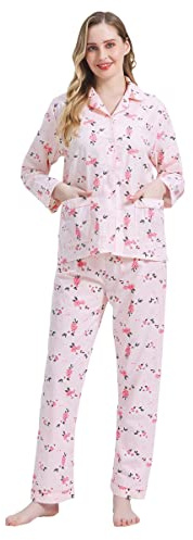 Amaxer Pigiama da Donna in Due Pezzi Set Pigiama in Cotone Set da Notte da Notte a Maniche Lunghe Tuta da Notte e Pantaloni del Pigiama Set da Salotto,Fiore Rosso,M