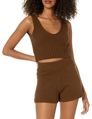 The Drop Sylvie Double V-neck Textured Rib Cropped Sweater Tank pour Femme, Grain de Café, XL