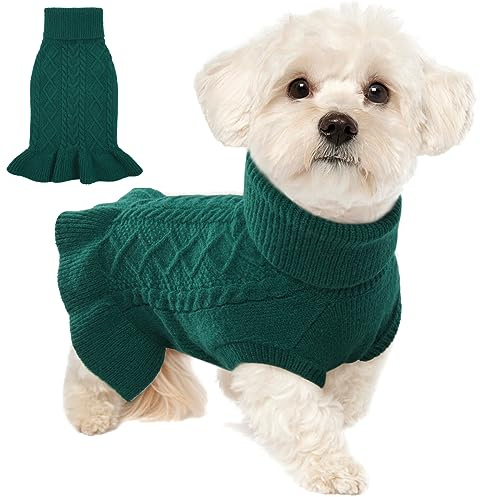 Lelepet Extra Small Dog Sweater Dress, Puppy Jumper Dog Sweaters for Girls Turtleneck Warm Knitwear Fall Dog Pullover Knit Sweaters for Small Dogs Vest Pet Sweater, Yorkie, Chihuahua, Dark Green, XS