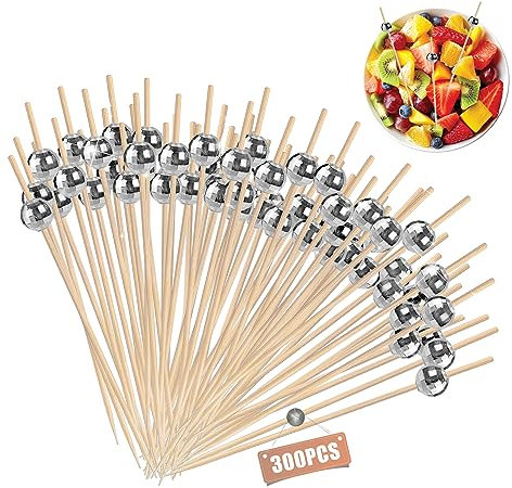 ZIOYA 300 Stück Cocktailspieße Cocktail Sticks mit Silber Acrylperle 12cm Spieße Fingerfood Cocktail Holz Zahnstocher für Cocktail Deko Cocktailspieße Geburtstag Party Obstspieß