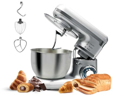Avilia - Planetaria Silenziosa Multifunzione 1500W con Ricettario e Accessori Inclusi, Ideale per Impasti Dolci e Salati, Mixer con 10 Velocità e Funzione Pulse, Ciotola Acciaio 5L (Argento)