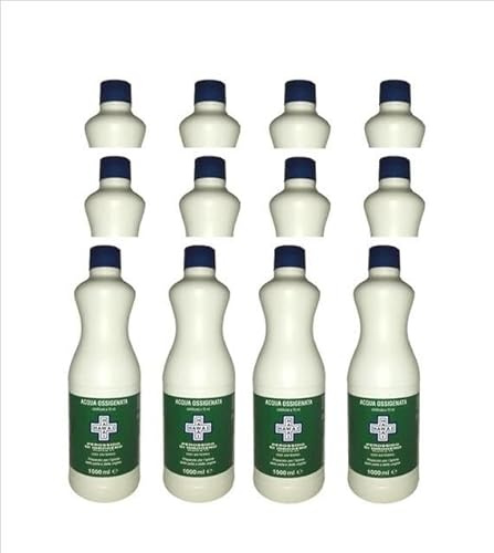 Acqua Ossigenata disinfettante F.U. 3% 10 Volumi con tappo di sicurezza per bambini flacone da 1 l (Confezione da 12 pezzi), Made in Italy