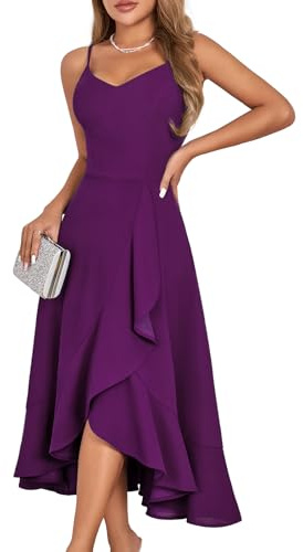DRESSTELLS Cocktail Dresses for Women, Modest Formal Wedding Guest Aline Fit Flare Vintage Tea Party High Low Ruffle Petite Dress Grape S