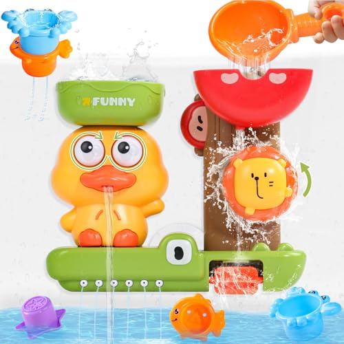 Baby Bath Toys for Kids Ages 1-3 Waterfall Duck Toddler Bath Toys with 3 Stacking Cups Sensory Shower Bathtub Toys for 12+ Months Boys Girls Birthday Gifts with Strong Suction Cups