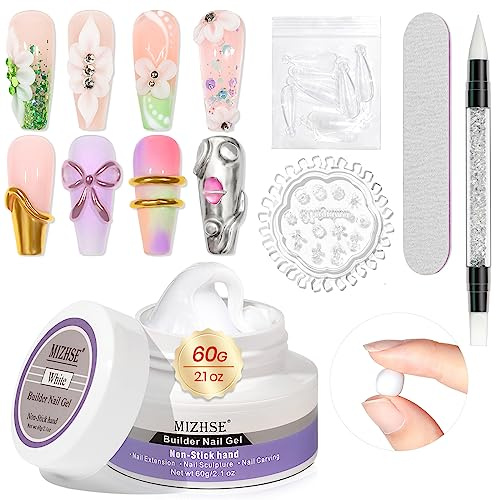 MIZHSE 60G Vit Builder Gelset för Nagelförlängning och 3D-nagelkonst, Nagellim Vit, 3D Gel Nagellack UV, Uppbyggnadsgel för Gelnaglar Med Silikon Nagelborste, Gör-det-Själv Manikyrverktyg