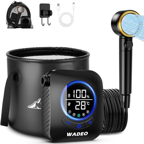WADEO Ducha portátil con Bomba y depósito de Agua, Ducha de Camping Recargable de 8000 mAh con Pantalla LED, Interruptor de 5 velocidades, Bomba de Camping para Senderismo, Viajes, Coche y Jardín