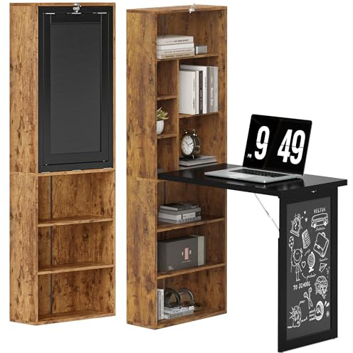 HOMCOM Bureau Informatique Pliable, Bureau avec Bibliothèque, Poste de Travail, Tableau Noir, 9 Compartiments Ouverts et Étagère Réglable, Table d'Ordinateur pour Chambre, 98x51x153cm, Brun Rustique