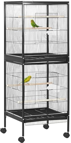 PawHut Bird Cage Budgie Cage 2 In 1 Large Aviary with Wheels Removable Trays for Finch Canaries Cockatiels Black