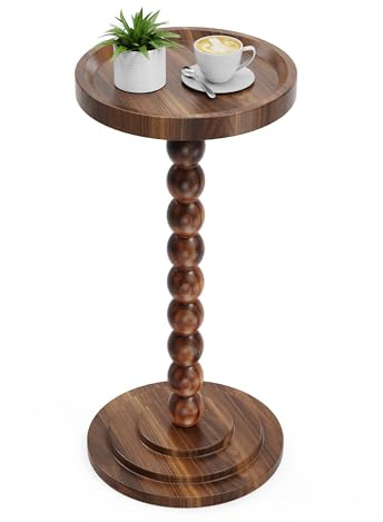Round Wooden Side Table & Drink Table | Sturdy & Functional Mid-Century Modern Design with Solid Wood Columns for Living Room, Bedroom, Office & More