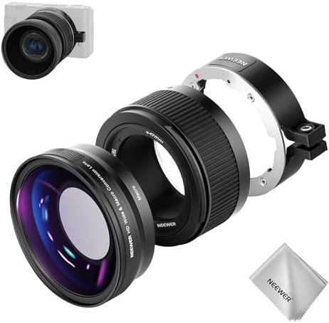 NEEWER Obiettivo Grandangolare HD Compatibile con Sony ZV1, Lente Grandangolare 18mm e Macro 10x Aggiuntiva 2in1 con Tubo di Prolunga, Adattatore ad Attacco Baionetta e Panno Pulizia (Cornice Nera)