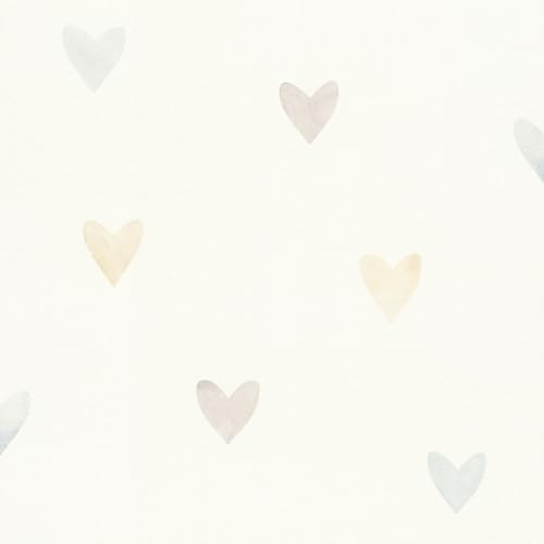 Rasch Tapete 301724 - Carta da parati in tessuto non tessuto con cuori colorati, effetto acquerello, per bambini, motivo a cuore, blu, beige, grigio, collezione Kids World