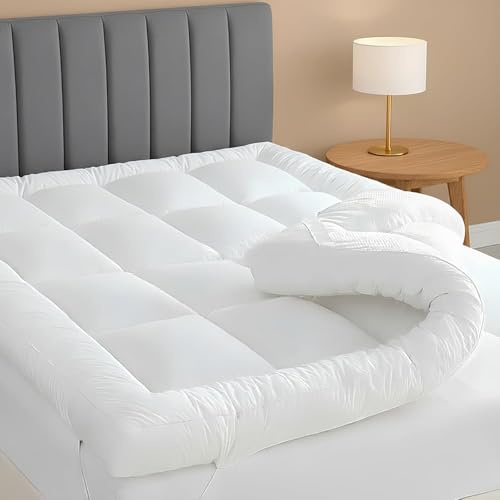 Mattress Topper Double Hotel Quality – 4 Inch Extra Deep (10cm) Microfibre – Ultra Soft, Breathable, Fluffy Hollowfibre Filling – Box Stitched with Elastic Corner Straps – White
