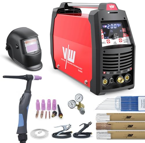 VECTOR WELDING Soldadora AC/DC TIG 200A Puls MMA, Casco de soldadura, Accesorios - Función de Soldadura por Electrodo - Soldadura de Aluminio - Función de Pulso, Pantalla Digital, London 2400