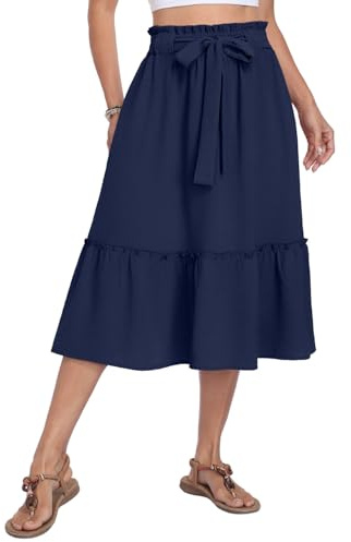 PrinStory Women's Summer Midi Skirt Elasticated Waist Tiered Casual A Line Skirt with Pockets