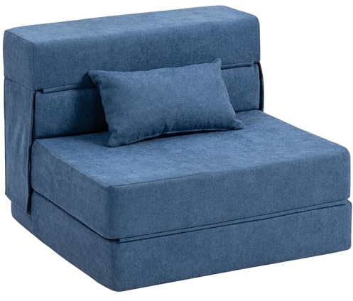 HOMCOM Sillón Convertible de 1 Plaza 3 en 1, sillón-Cama Plegable, Franela de 1 Plaza con Asiento Ancho, cojín Incluido, colchón Plegable 210 cm para Invitados, salón, Espacio pequeño, Azul Oscuro