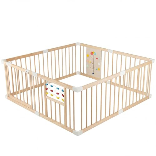 COSTWAY Baby Laufstall aus Kiefernholz, 160 x 160 cm, Laufgitter faltbar inkl. 8 Paneele, Krabbelgitter mit Tür, Sicherheitsverschluss & montessori Board, Playpen erweiterbar für Säuglinge & Kinder