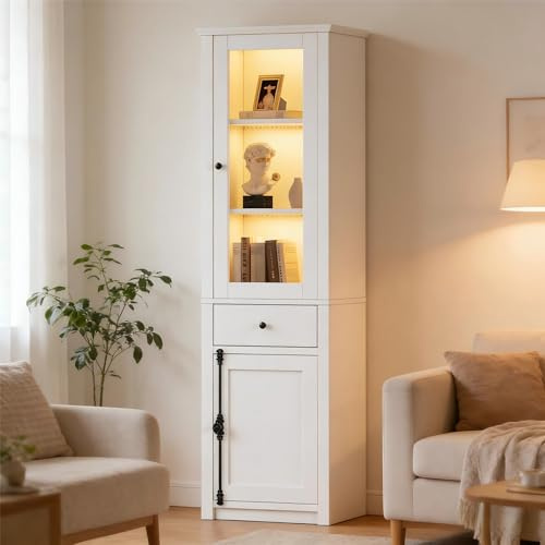 Kebnor Armario alto de 55 x 40 x 200 cm, vitrina con un cajón, vitrina de pie con 2 puertas de armario, vitrina de cristal con LED, color blanco, con asas de metal y aleación de aluminio