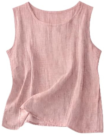 Youkly Linen Tops Women 2026 Linen Crewneck Tank Tops (L, Pink)