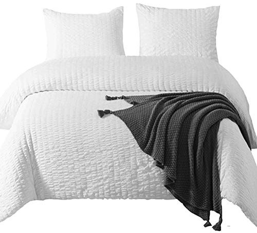 DuShow Double Bed Duvet Cover Set,Seersucker White Duvet Cover Double,Textured Duvet Cover with 2 Pillowcases,Soft Breathable Bedding Set With Zipper-White,200×200cm