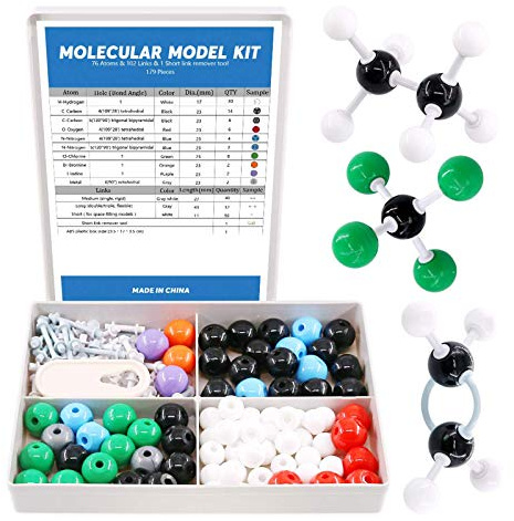 Swpeet Kit de 179 pièces de modèle moléculaire organique pour étudiant et enseignant - 76 atomes, 102 maillons et 1 outil pour retirer les maillons courts
