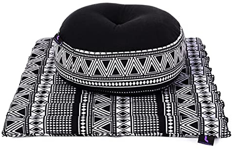 Leewadee set de meditación – Cojín de yoga Zafu y colchoneta de meditación Zabuton, asiento tailandés de kapok ecológico, set de 2, Negro Blanco