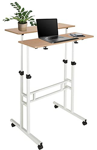 hjh OFFICE 830069 Escritorio portátil Workstation I Mesa de Trabajo computadora de Altura Ajustable, Móvil, Blanco/Roble