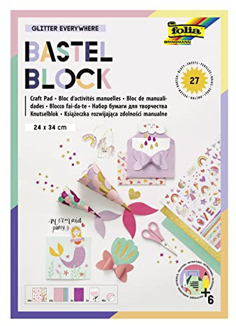 folia 49102 - Bastel-Block Glitter Everywhere mit 27 Blatt Bastelpapier im Format 24 x 34 cm, mit bedrucktem Fotokarton, Tonpapier, Glitter-Papier, vorgezeichneten Formen und Stickern