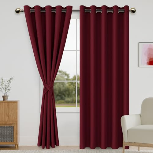 DWCN Blackout Curtains with Tiebacks - Thermal Insulated Privacy Protection Grommet Window Curtains for Living Room Bedroom, 60 x 84 inch Length, Burgundy, Set of 2 Panels