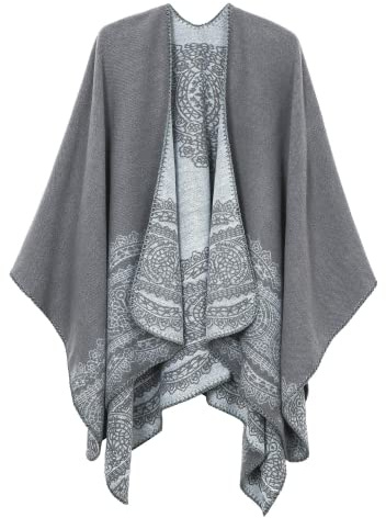 EXCHIC Varma stickade sjalar för kvinnor, blommig, elegant, poncho, kappa, kappa, Grå-91, one size