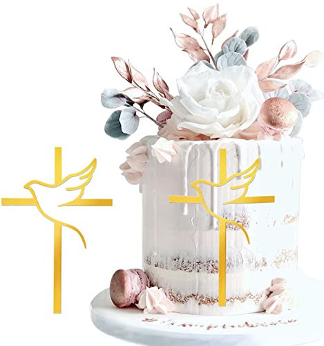 WOOXDYUK Lot de 2 décorations de gâteau en forme de croix - Colombe dorée - Acrylique - Effet miroir irisé - Pour mariage, anniversaire, Noël, fête et plus encore - 15 x 10 cm