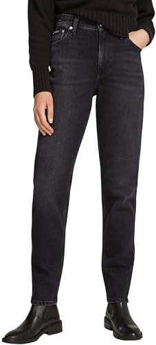 Calvin Klein Women’s Tapered Fit Mom Jeans, Black (Denim Black), 29W/30L