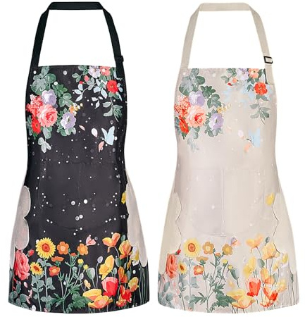 DILLMAN Lot de 2 tabliers floraux avec poche, tabliers de cuisine imperméables et réglables pour la cuisine, le jardinage et le salon, lot de 2#A