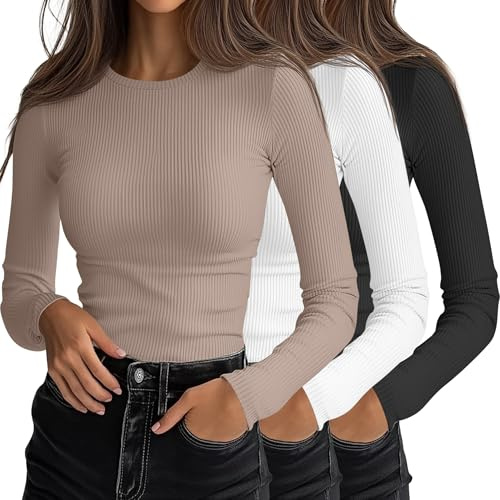 Ficerd 3 Pack Women's Ribbed Long Sleeve Tops, Crew Neck Slim Fit Knit Undershirts Basic Casual Stretch Layering Tee Shirts(Black, Khaki, White,Large)