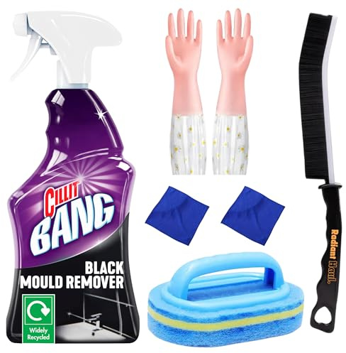 Black Mold Remover Spray Set - Black Mould Remover, Grout Cleaning Brush, Bathroom Scrubber Sponge With Handle, Cleaning Cloths, Disposable Gloves – Radiant Haul Mould And Mildew Remover Set