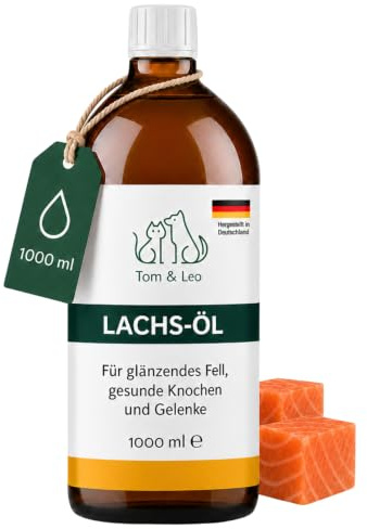 Aceite de salmón 1000 ml para perros y gatos – de Tom & Leo – Aceite de salmón salvaje con Omega 3-6-9, ideal para Barf, Piel y Pelaje, Aceite de pescado Premium para perros