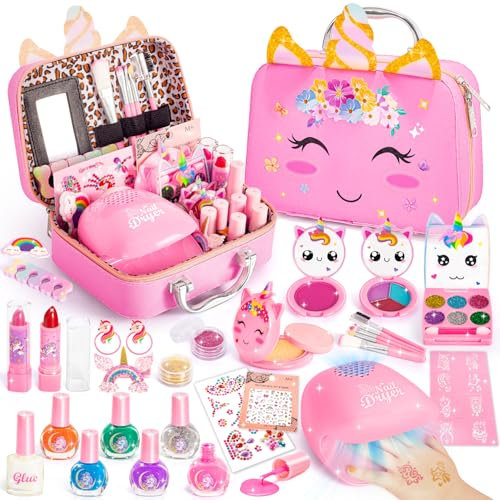 Hohosunlar Trucchi Bambina Set, 31 Pezzi Atossico e Lavabile Valigetta Trucchi Bambini, Atelier Unghie con Smalti e Macchina Asciugasmalto Giochi Natale Compleanno Regalo Ragazza 3 4 5 6 7 8 9 10 Anni
