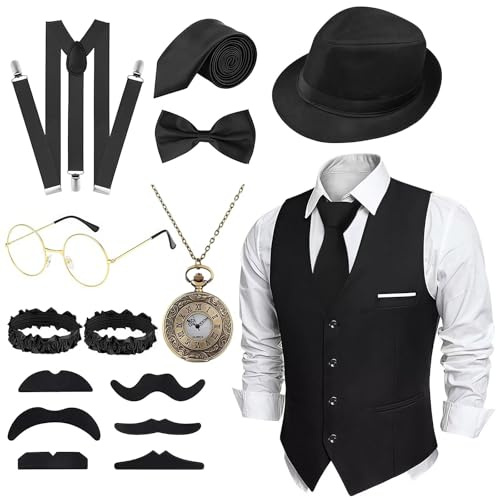 Luckyou Costume Anni 20 Uomo Vestito Gilet Anni 20 con Accessori Costume Costume Carnevale Uomo per 20s Festa Cosplay Ballo-Nero-L