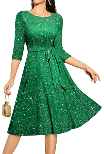 DRESSTELLS Cocktail Dresses for Women, Wedding Guest 3/4 Sleeve Sparkly Sequin Holiday Party Dress for Teen, Aline Modest Mother of Bride Dress Glitter Green 2XL