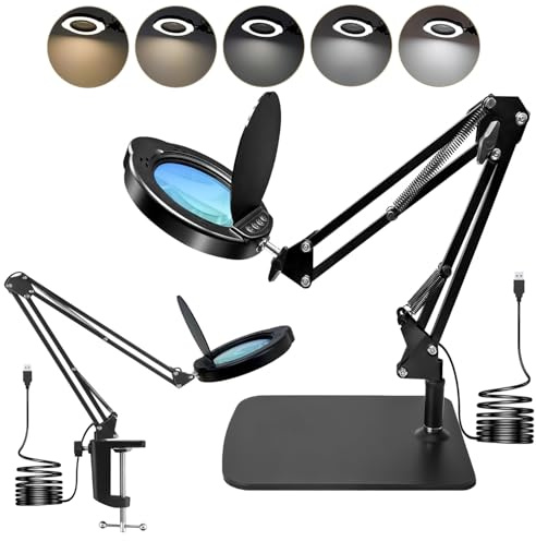 Lámpara de escritorio de lupa de 15X con abrazadera y base, lente de cristal real, 84 LED, 5 modos de color regulables, lupa de lámpara LED con cubierta antipolvo y paño limpio, regalo ideal para