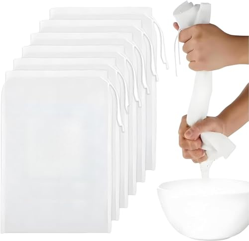 FrostyFlair Sacchetti per Formaggio da filtraggio, 6 Pezzi 30x20cm Sacchetti per Latte di Noci e Filtro, Sacchetti in Nylon a 200 Maglie per succhi di Frutta, Yogurt, Latte di Noci e Formaggio,